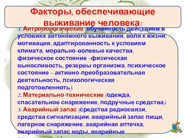 Факторы, обеспечивающие выживание человека: 1. Антропологические (обученность действиям в условиях автономного