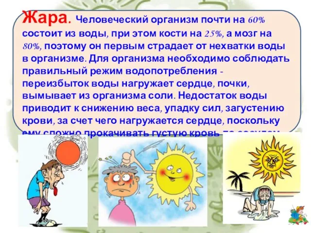 Жара. Человеческий организм почти на 60% состоит из воды, при этом