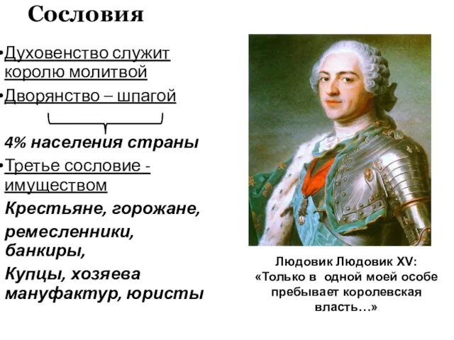 Сословия Духовенство служит королю молитвой Дворянство – шпагой 4% населения страны