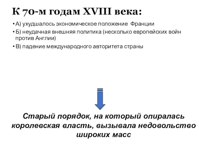 К 70-м годам XVIII века: А) ухудшалось экономическое положение Франции Б)