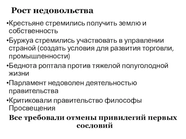 Рост недовольства Крестьяне стремились получить землю и собственность Буржуа стремились участвовать