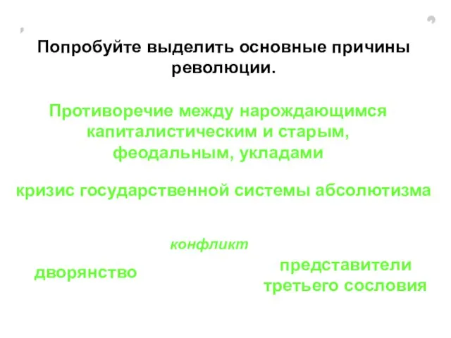 Попробуйте выделить основные причины революции. кризис государственной системы абсолютизма Противоречие между