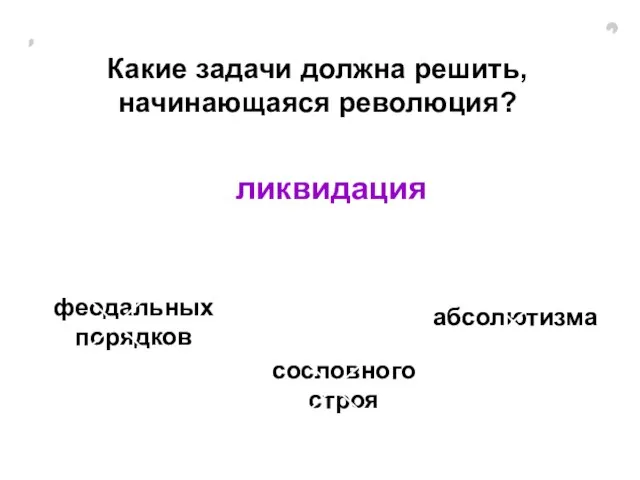 Какие задачи должна решить, начинающаяся революция? феодальных порядков ликвидация сословного строя абсолютизма