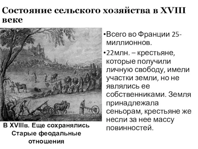 Состояние сельского хозяйства в XVIII веке Всего во Франции 25-миллионнов. 22млн.