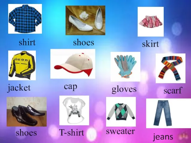 shirt shoes skirt jacket cap gloves scarf shoes T-shirt sweater jeans