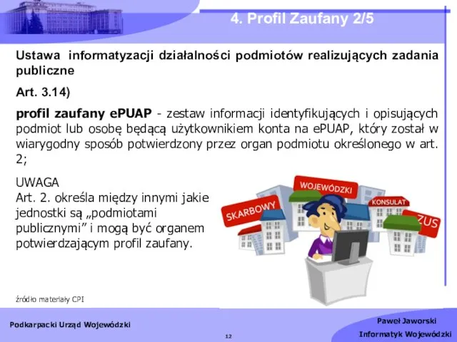 4. Profil Zaufany 2/5 źródło materiały CPI Ustawa informatyzacji działalności podmiotów