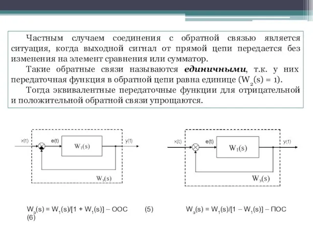 Wэ(s) = W1(s)/[1 + W1(s)] – ООС (5) Wэ(s) = W1(s)/[1