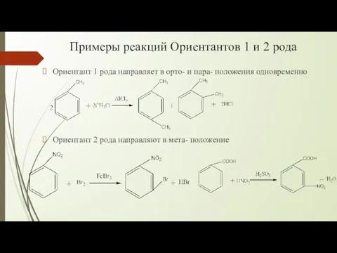 Примеры реакций Ориентантов 1 и 2 рода Ориентант 1 рода направляет
