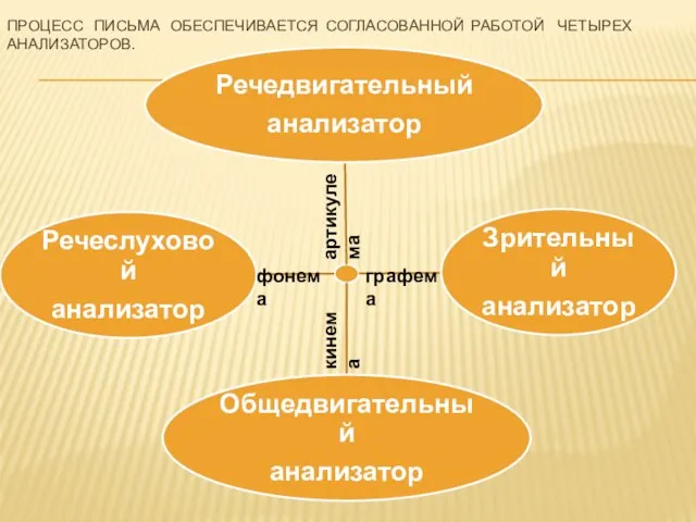 ПРОЦЕСС ПИСЬМА ОБЕСПЕЧИВАЕТСЯ СОГЛАСОВАННОЙ РАБОТОЙ ЧЕТЫРЕХ АНАЛИЗАТОРОВ. графема фонема кинема артикулема