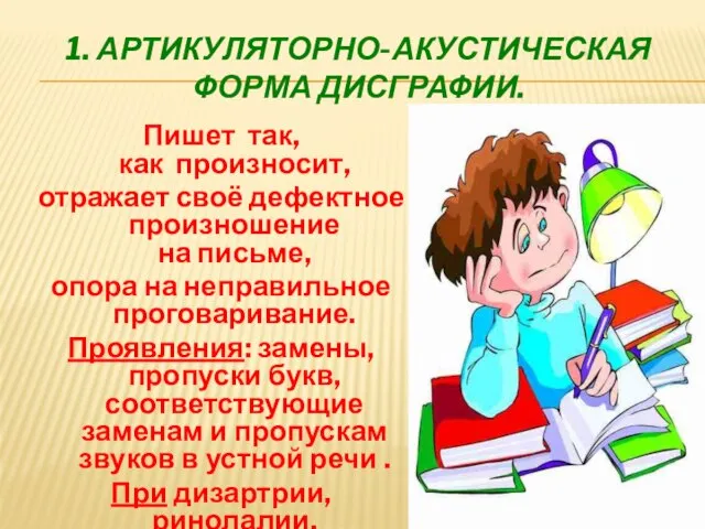 1. АРТИКУЛЯТОРНО-АКУСТИЧЕСКАЯ ФОРМА ДИСГРАФИИ. Пишет так, как произносит, отражает своё дефектное