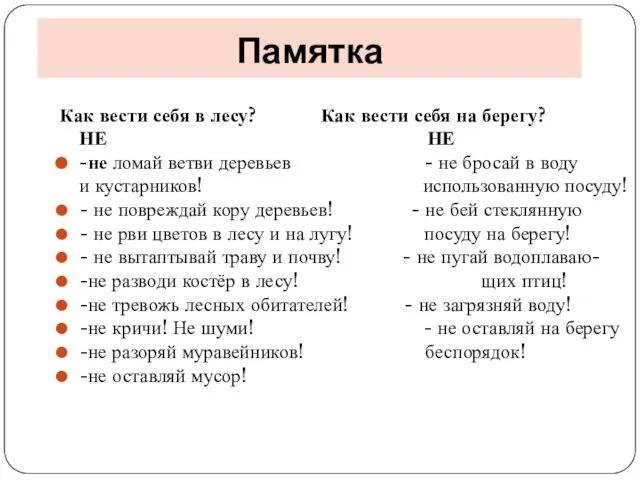 Памятка Как вести себя в лесу? Как вести себя на берегу?