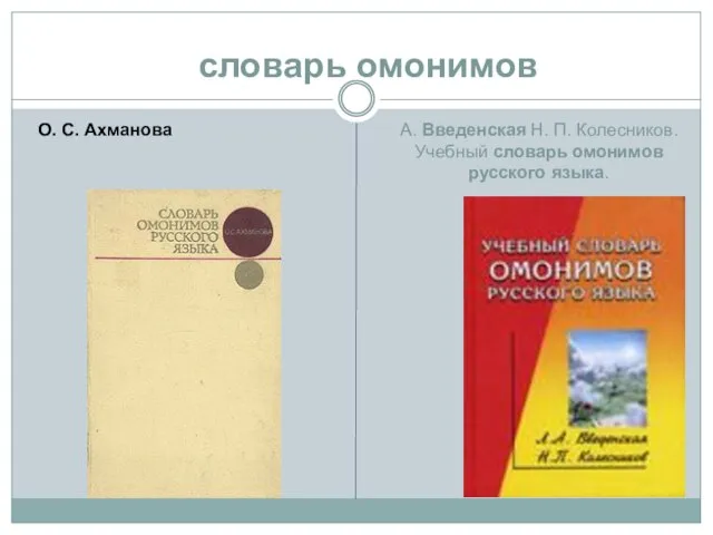 О. С. Ахманова словарь омонимов А. Введенская Н. П. Колесников. Учебный словарь омонимов русского языка.