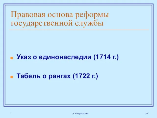 * А.В.Чернышова Правовая основа реформы государственной службы Указ о единонаследии (1714