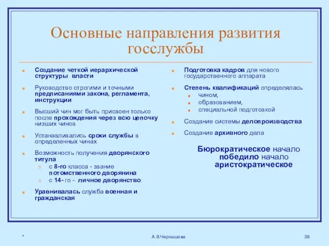 * А.В.Чернышова Основные направления развития госслужбы Создание четкой иерархической структуры власти