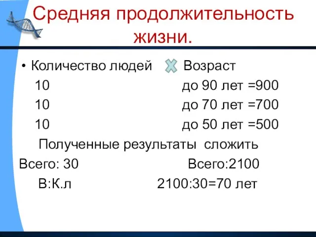 Средняя продолжительность жизни. Количество людей Возраст 10 до 90 лет =900