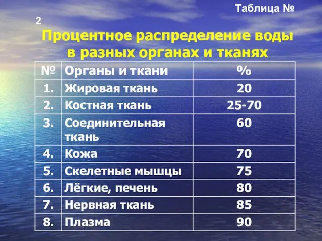 Таблица № 2 Процентное распределение воды в разных органах и тканях