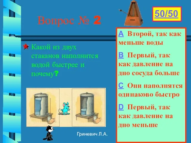 Гриневич Л.А. Вопрос № 2 Какой из двух стаканов наполнится водой