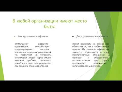 В любой организации имеют место быть: Конструктивные конфликты Деструктивные конфликты стимулируют