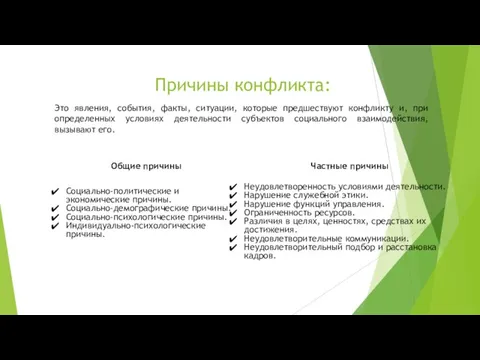 Причины конфликта: Это явления, события, факты, ситуации, которые предшествуют конфликту и,