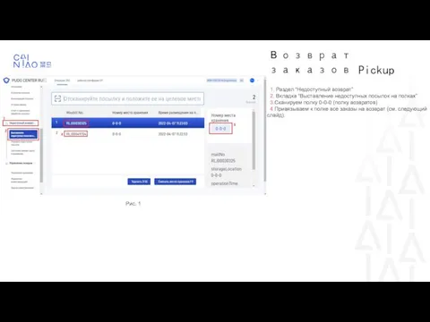 Возврат заказов Pickup 1. Раздел “Недоступный возврат” 2. Вкладка “Выставление недоступных