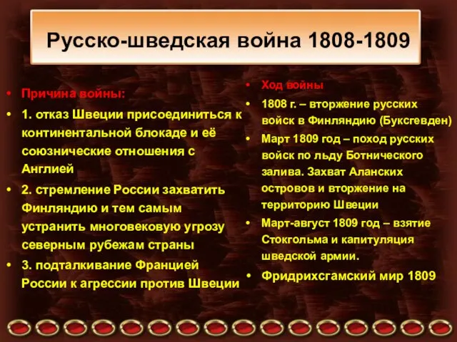 Русско-шведская война 1808-1809 Причина войны: 1. отказ Швеции присоединиться к континентальной