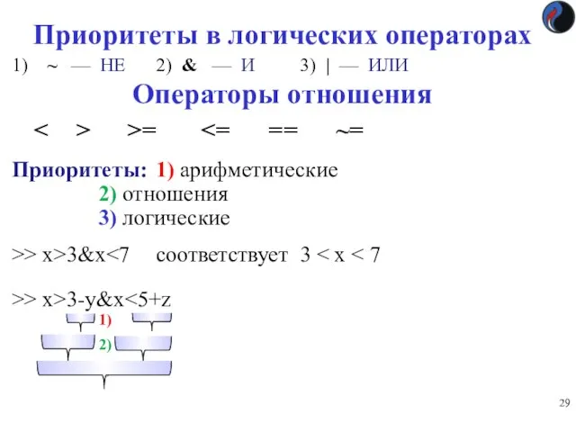 Приоритеты в логических операторах 1) ~ — НЕ 2) & —