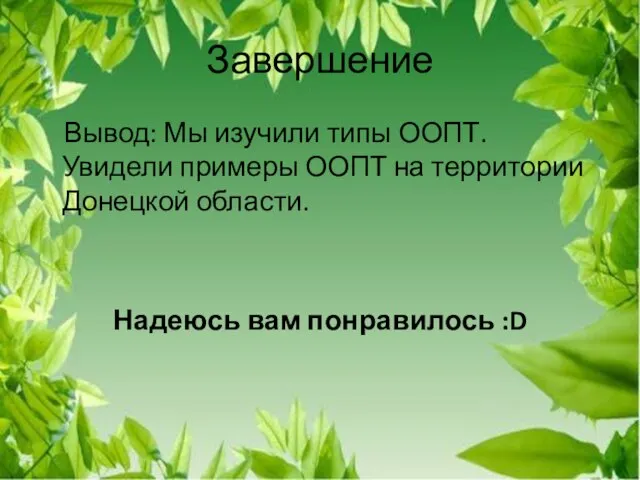 Завершение Вывод: Мы изучили типы ООПТ. Увидели примеры ООПТ на территории