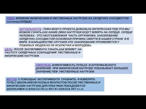 ТЕМА: ВЛИЯНИЕ ФИЗИЧЕСКИХ И УМСТВЕННЫХ НАГРУЗОК НА СЕРДЕЧНО-СОСУДИСТУЮ систему(СЕРДЦЕ) АКТУАЛЬНОСТЬ :ТЕМА