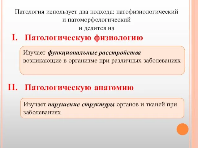 и делится на Патологическую физиологию Патологическую анатомию Патология использует два подхода: