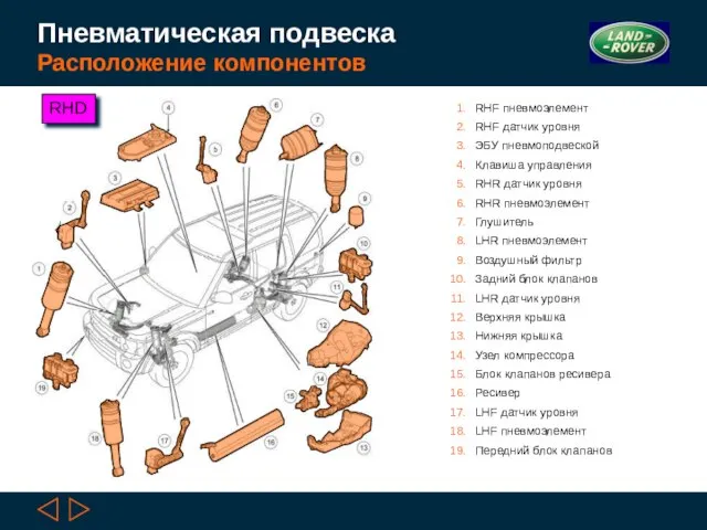 Пневматическая подвеска Расположение компонентов RHF пневмоэлемент RHF датчик уровня ЭБУ пневмоподвеской