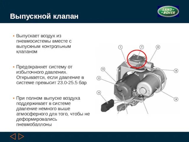 Выпускной клапан Выпускает воздух из пневмосистемы вместе с выпускным контрольным клапаном