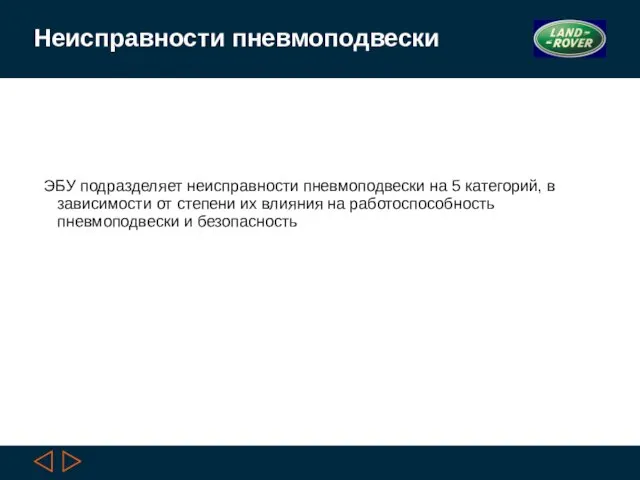 Неисправности пневмоподвески ЭБУ подразделяет неисправности пневмоподвески на 5 категорий, в зависимости