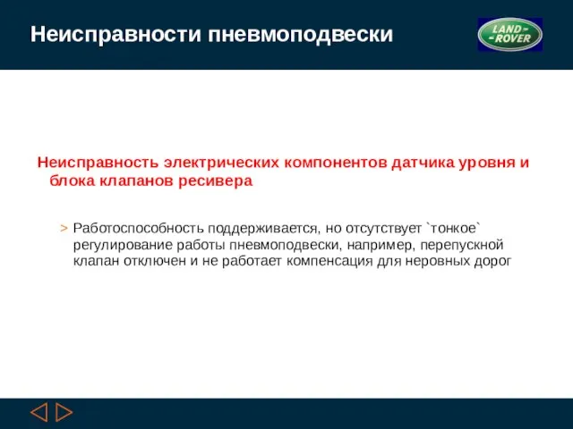 Неисправности пневмоподвески Неисправность электрических компонентов датчика уровня и блока клапанов ресивера