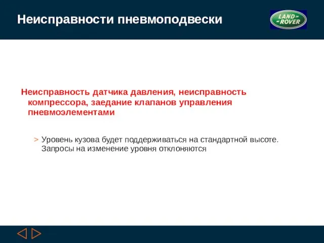 Неисправности пневмоподвески Неисправность датчика давления, неисправность компрессора, заедание клапанов управления пневмоэлементами