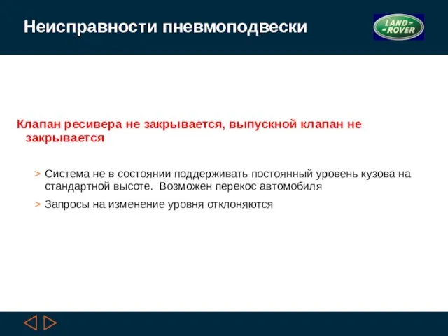 Неисправности пневмоподвески Клапан ресивера не закрывается, выпускной клапан не закрывается Система