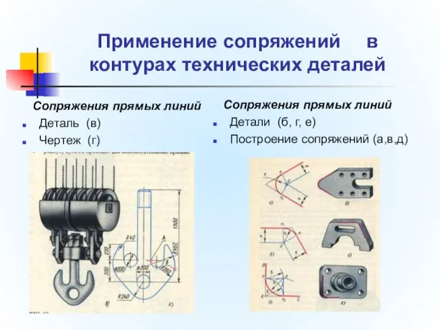 Применение сопряжений в контурах технических деталей Сопряжения прямых линий Детали (б,