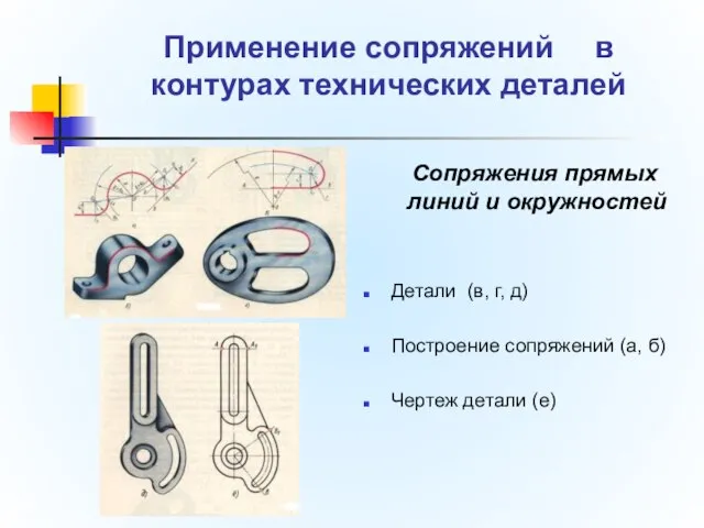 Применение сопряжений в контурах технических деталей Сопряжения прямых линий и окружностей