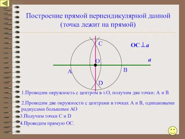 Построение прямой перпендикулярной данной (точка лежит на прямой) А 1.Проводим окружность