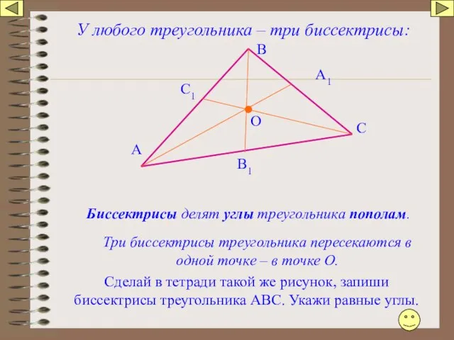 У любого треугольника – три биссектрисы: Биссектрисы делят углы треугольника пополам.