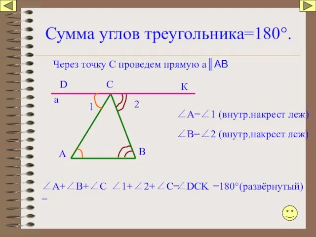 Сумма углов треугольника=180°. А В С а 1 ∠А=∠1 (внутр.накрест леж)