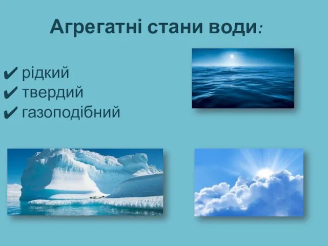 Агрегатні стани води: рідкий твердий газоподібний