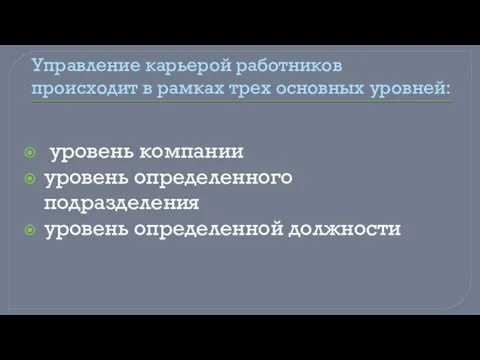 Управление карьерой работников происходит в рамках трех основных уровней: уровень компании