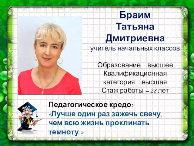 Браим Татьяна Дмитриевна учитель начальных классов Образование – высшее Квалификационная категория