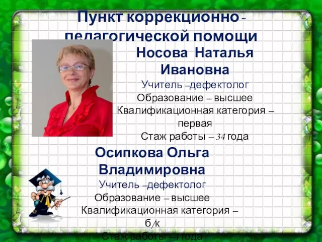 Пункт коррекционно- педагогической помощи Носова Наталья Ивановна Учитель –дефектолог Образование –