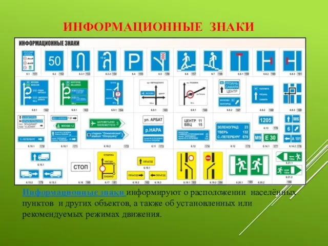 ИНФОРМАЦИОННЫЕ ЗНАКИ Информационные знаки информируют о расположении населённых пунктов и других