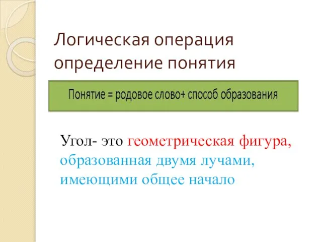 Логическая операция определение понятия Угол- это геометрическая фигура, образованная двумя лучами, имеющими общее начало