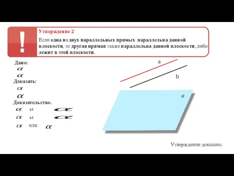 Утверждение 2 Если одна из двух параллельных прямых параллельна данной плоскости,