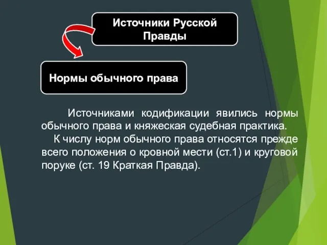 Источники Русской Правды Нормы обычного права Источниками кодификации явились нормы обычного