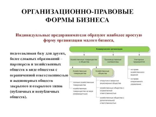 ОРГАНИЗАЦИОННО-ПРАВОВЫЕ ФОРМЫ БИЗНЕСА Индивидуальные предприниматели образуют наиболее простую форму организации малого