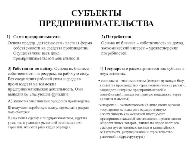 СУБЪЕКТЫ ПРЕДПРИНИМАТЕЛЬСТВА Сами предприниматели. Основа предпр. деятельности - частная форма собственности